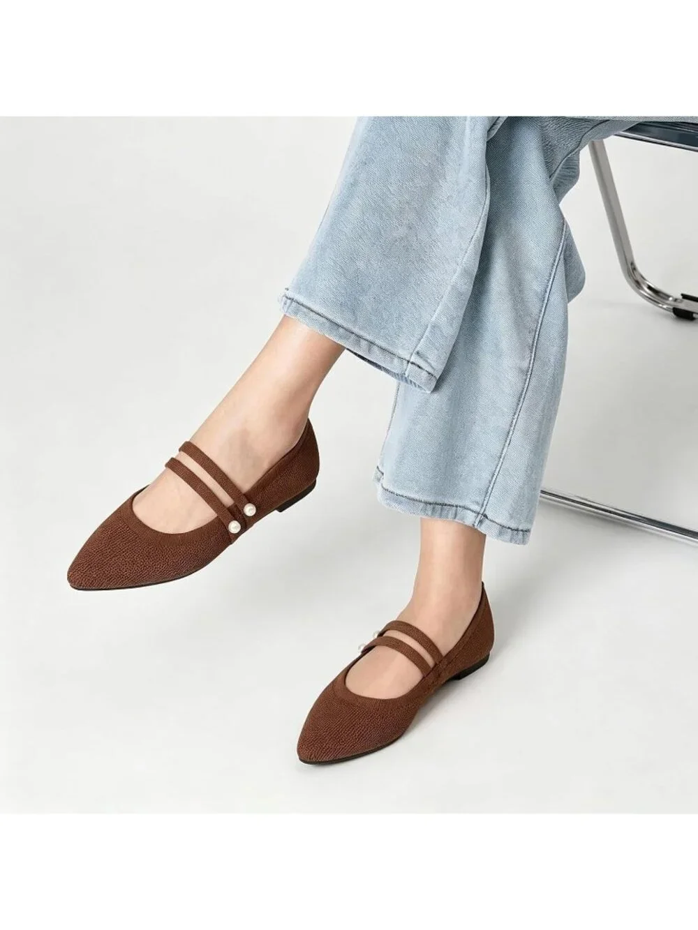 Women's Coffee Rubber Knit Pointed Toe Double Strap Ballet Flat Breathable Shoes